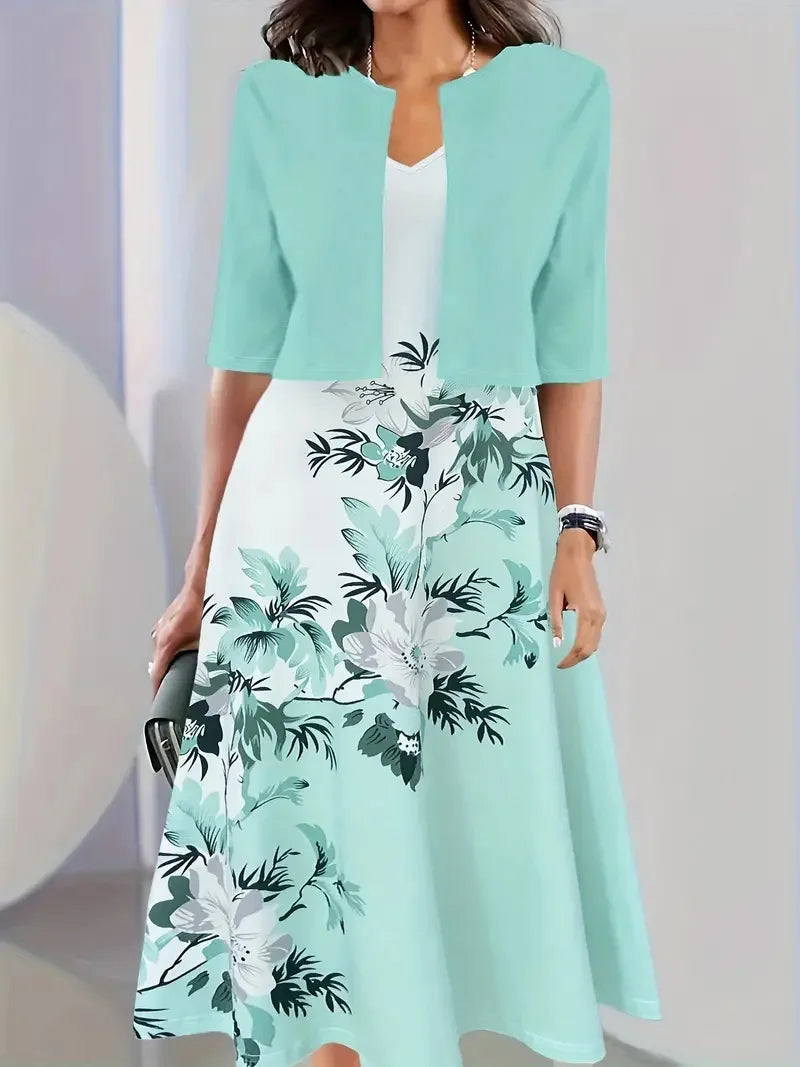 Denise – Blumendruck Midikleid mit Blazer und Kurzarm