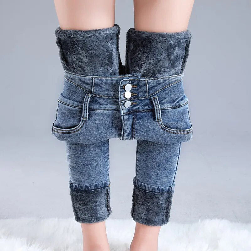 Maria - Schlanke Passform Vlies Auskleidung Hoch tailliert Denim Hosen Mit Taschen