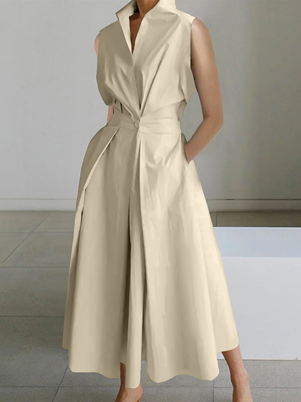 Romy – Elegantes ärmelloses Stehkragenkleid mit Knöpfen und Taschen