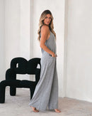 Anna - Lässiger Spaghettiträger Patch Tasche Overall mit weitem Bein