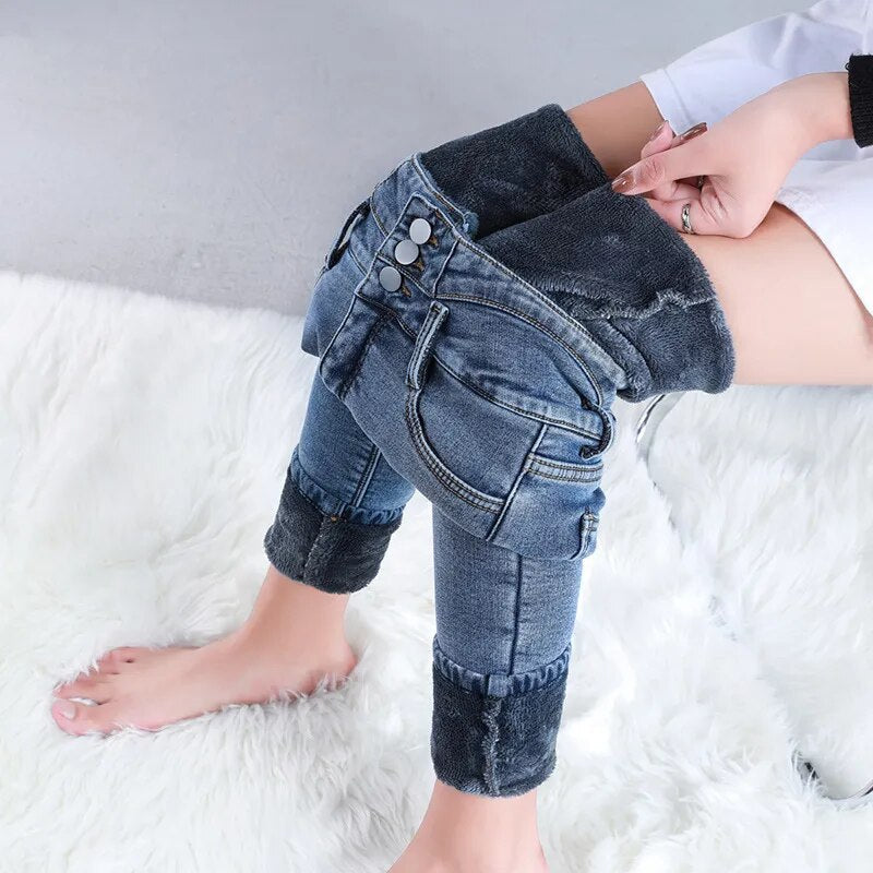 Maria - Schlanke Passform Vlies Auskleidung Hoch tailliert Denim Hosen Mit Taschen