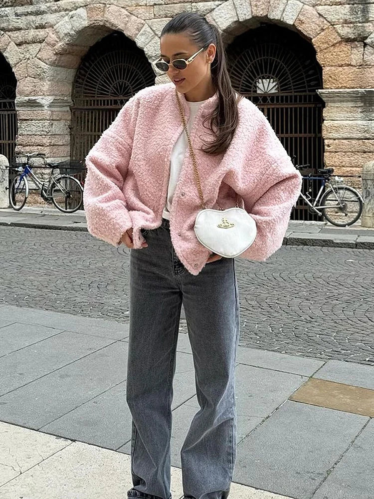 Mia - Langärmelig Standkragen Pelz Jacke Mit Taschen