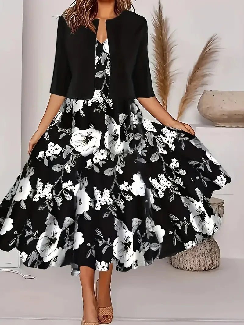 Denise – Blumendruck Midikleid mit Blazer und Kurzarm