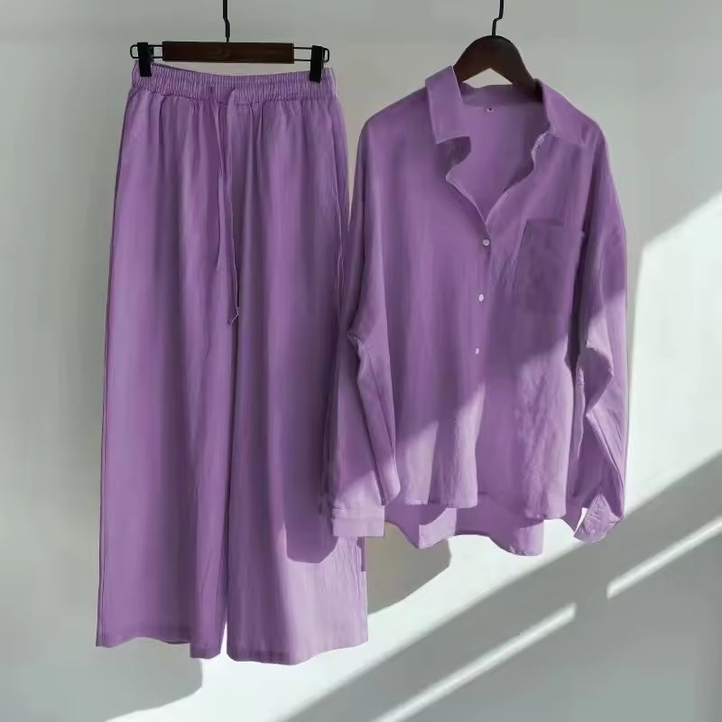 Melina – Zweiteiliges Satz mit Langarm Knopfleiste Hemd und Hose mit weitem Bein