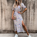 Alina – Modisches V Ausschnitt Blumendruck Kleid mit kurzen Ärmeln und Seitenschlitz