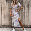 Alina – Modisches V Ausschnitt Blumendruck Kleid mit kurzen Ärmeln und Seitenschlitz