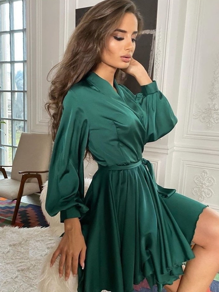 Helga - V Ausschnitt Laternenhülsen Fließender Mini Kleid