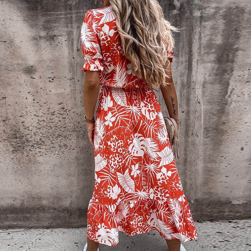 Alina – Modisches V Ausschnitt Blumendruck Kleid mit kurzen Ärmeln und Seitenschlitz