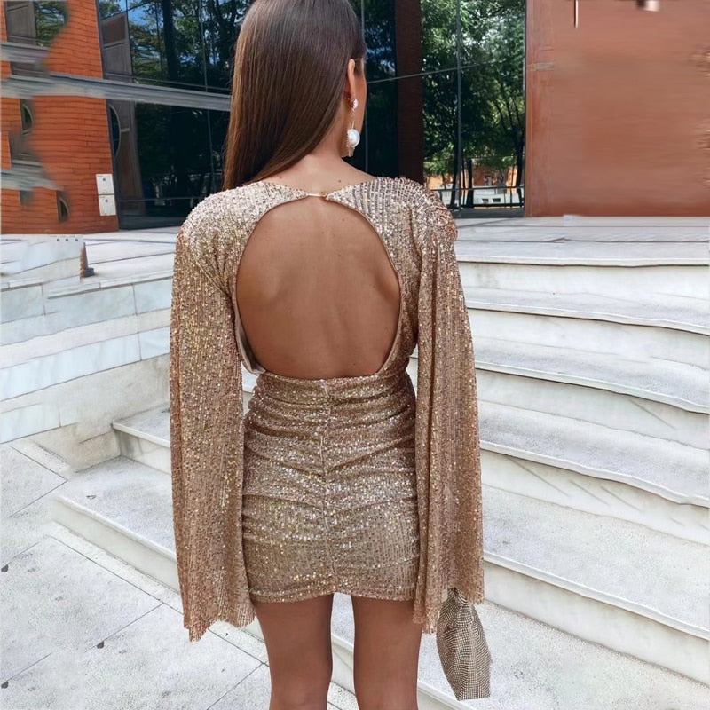 Amelie - Modischer tiefer V Ausschnitt Minikleid mit langen Ärmeln und rückenfreiem Gestaltung