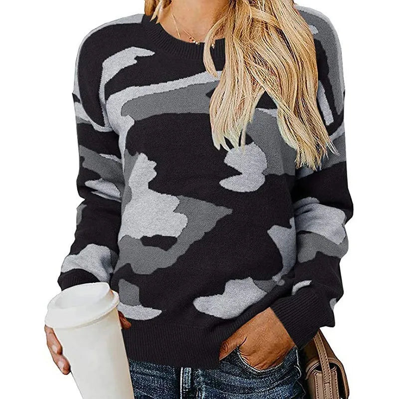 Zoe - Lässiger Langarm Rundhals Pullover mit  Camouflage Drucken