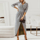 Zilia - Modischer V Ausschnitt schlanke Passform Split Kleid mit langen Ärmeln