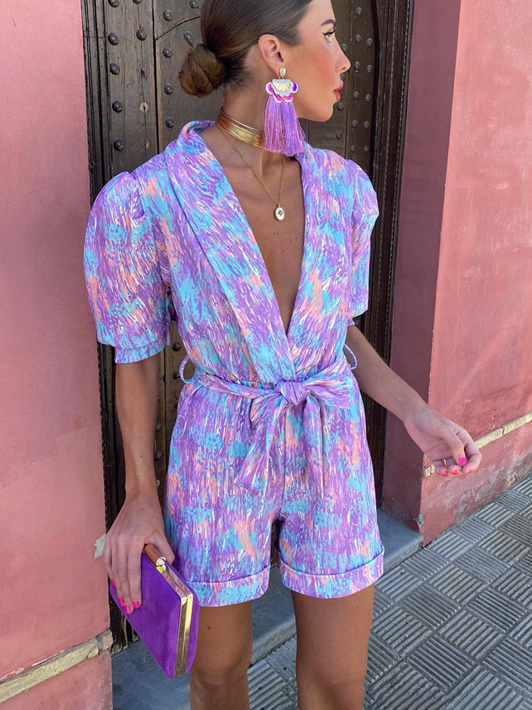 Beate - Lässiger bedruckter Jumpsuit mit V Ausschnitt kurzen Ärmeln und elastischen Kurze Hosen