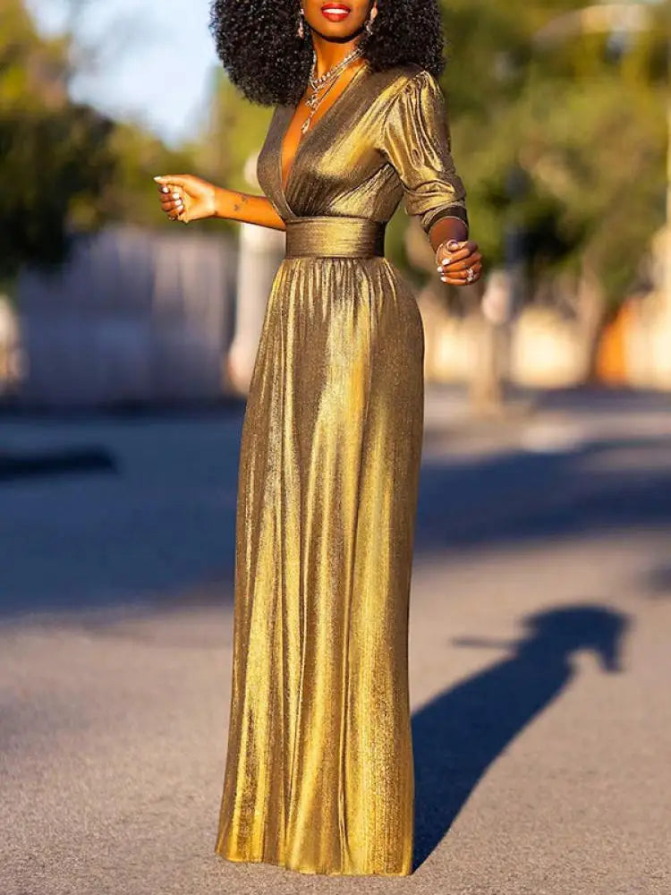 Anna - Eleganter tiefem V-Ausschnitt Jumpsuit mit langen Ärmeln und weitem Bein