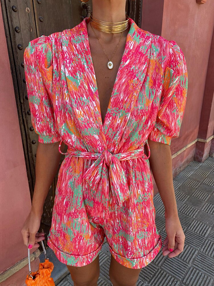 Beate - Lässiger bedruckter Jumpsuit mit V Ausschnitt kurzen Ärmeln und elastischen Kurze Hosen