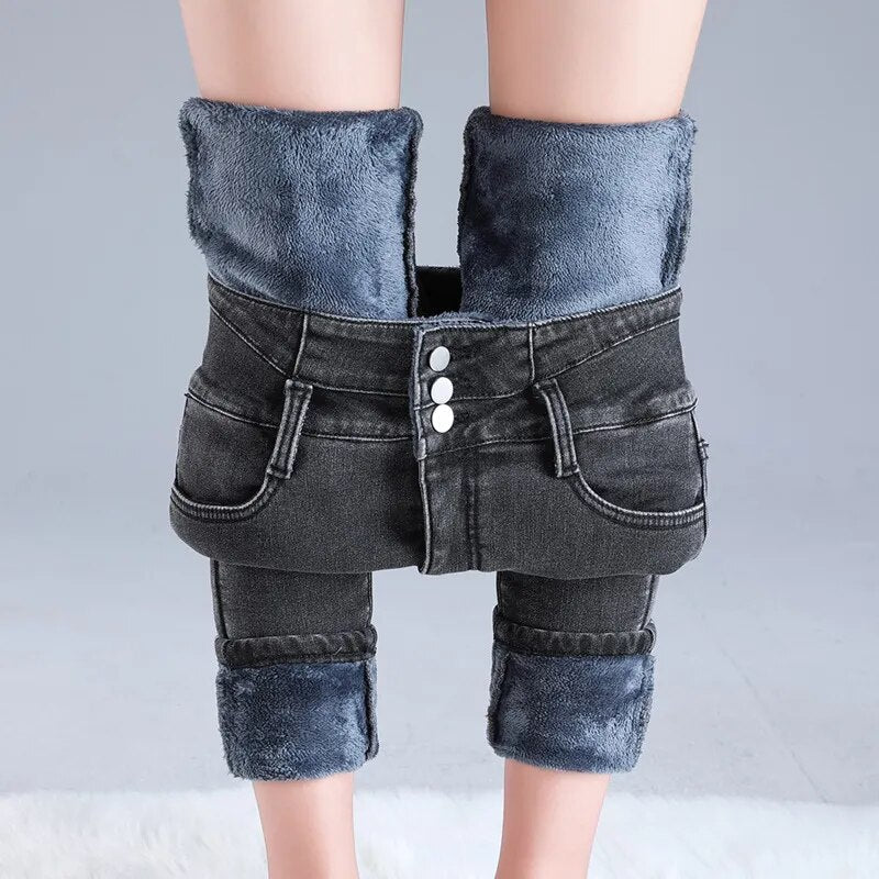 Maria - Schlanke Passform Vlies Auskleidung Hoch tailliert Denim Hosen Mit Taschen