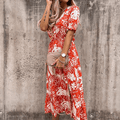 Alina – Modisches V Ausschnitt Blumendruck Kleid mit kurzen Ärmeln und Seitenschlitz