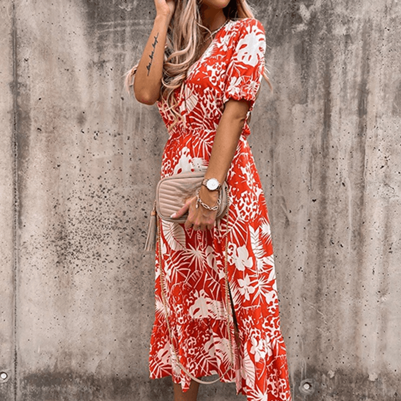 Alina – Modisches V Ausschnitt Blumendruck Kleid mit kurzen Ärmeln und Seitenschlitz