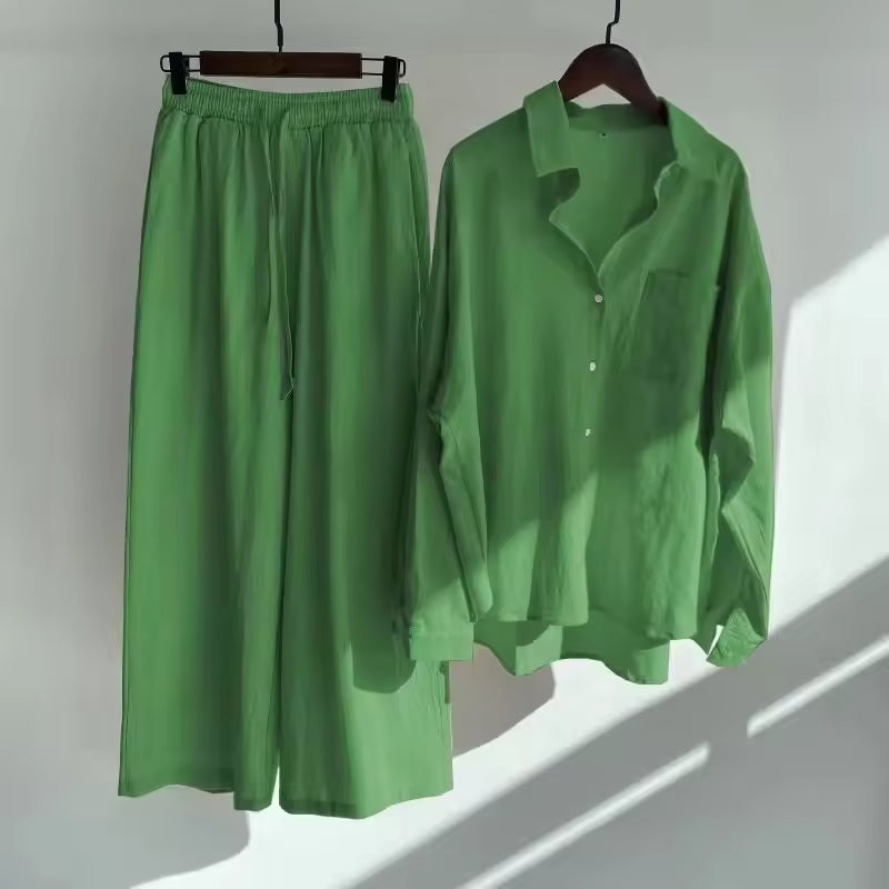 Melina – Zweiteiliges Satz mit Langarm Knopfleiste Hemd und Hose mit weitem Bein