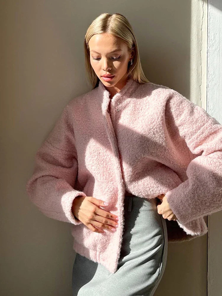 Mia - Langärmelig Standkragen Pelz Jacke Mit Taschen