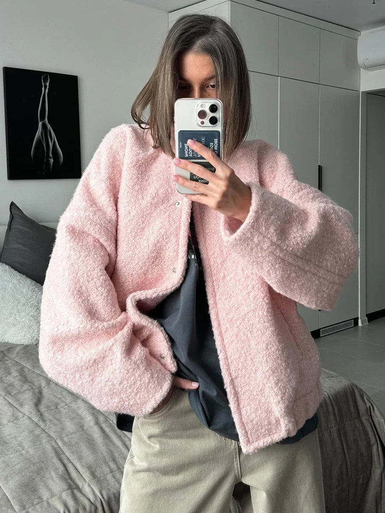 Mia - Langärmelig Standkragen Pelz Jacke Mit Taschen
