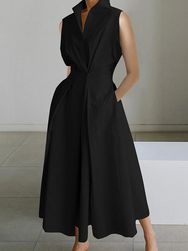 Romy – Elegantes ärmelloses Stehkragenkleid mit Knöpfen und Taschen