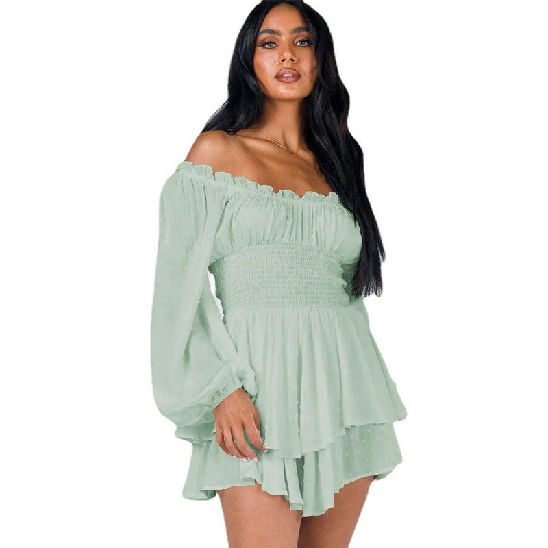 Sophie – Lässiges schulterfreies Minikleid mit Rüschen und langen Ärmeln