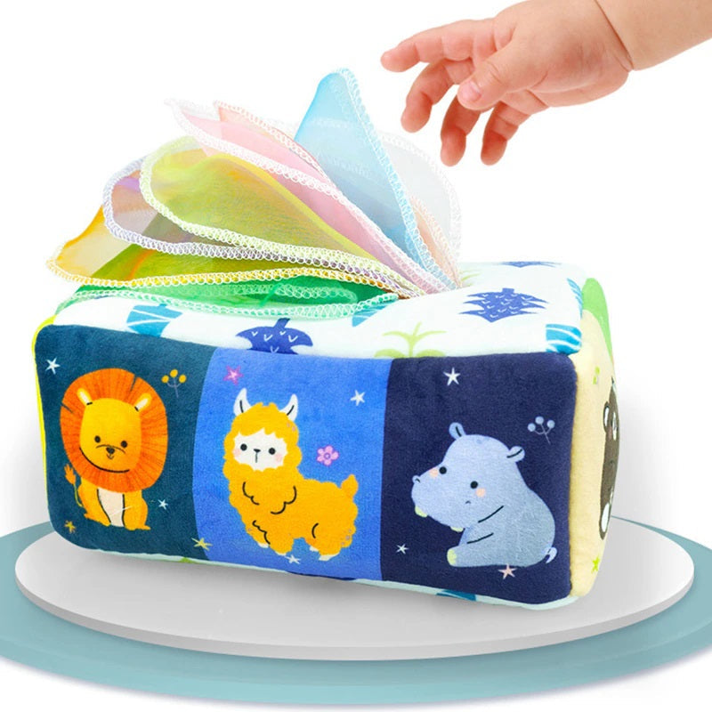 TissuePlay – Weiches herausziehbares Taschentuchbox Spielzeug für Kinder mit unterstützendem Aufdruck