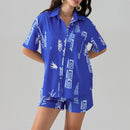 Anna – Zweiteiliges Satz mit bedrucktem Knopfhemd und lockeren elastischen Kurze Hosen