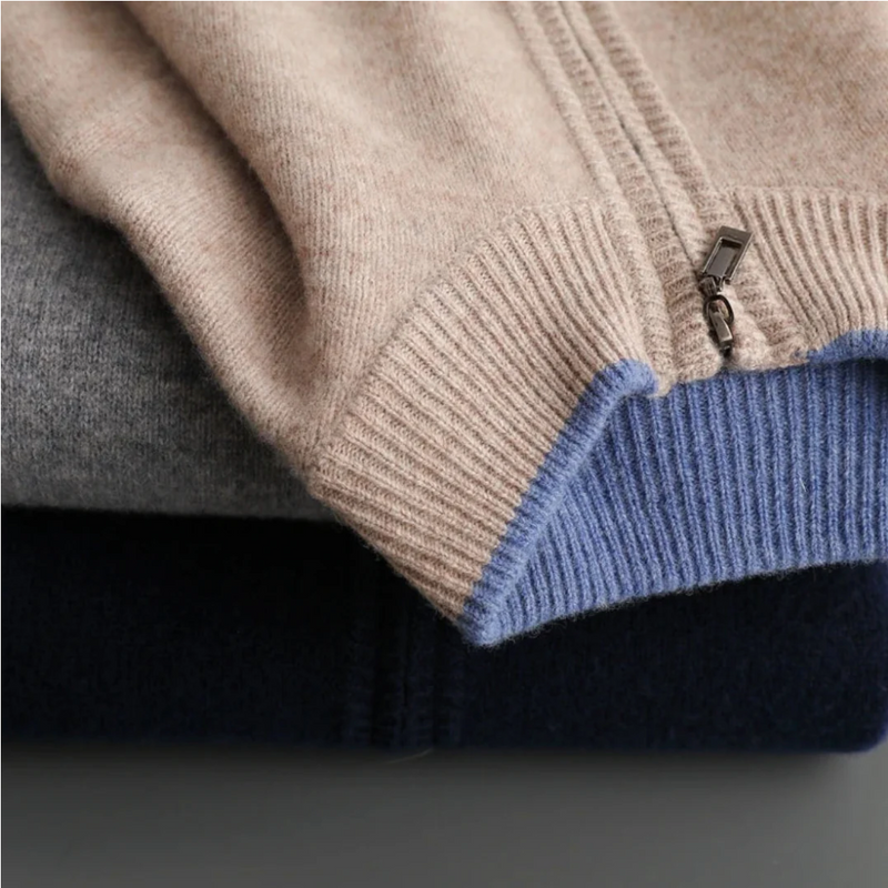Dennis - Langärmeliger Gerippter Kragen Wolle Reißverschluss Pullover