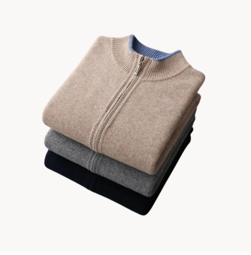 Dennis - Langärmeliger Gerippter Kragen Wolle Reißverschluss Pullover
