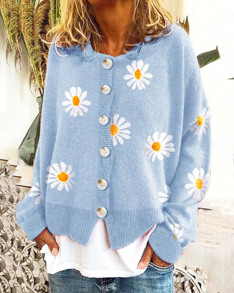 Leni - Langärmelig Blumendruck Pullover Mit Knöpfen