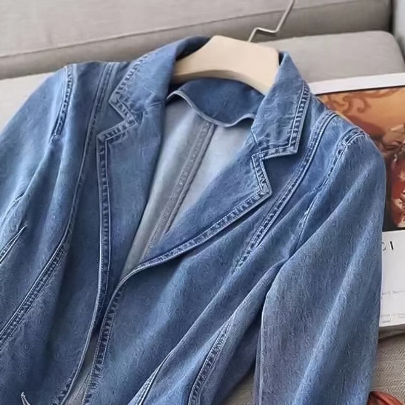 Mila - Langärmelig Einzeln Schaltfläche Denim Blazer