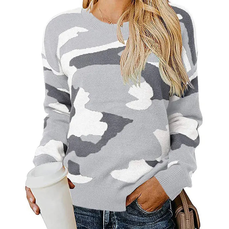 Zoe - Lässiger Langarm Rundhals Pullover mit  Camouflage Drucken