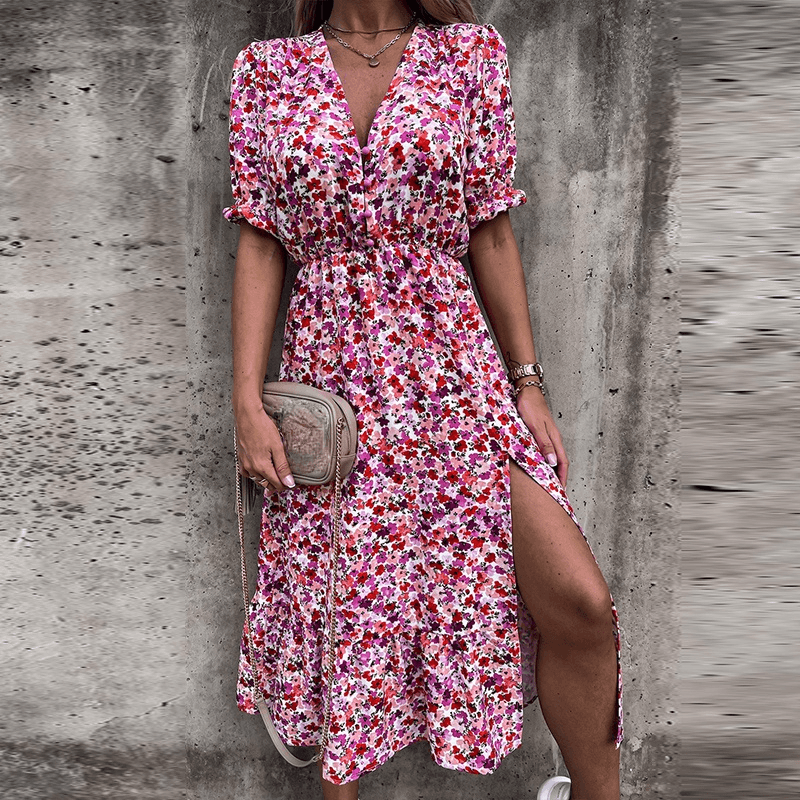 Alina – Modisches V Ausschnitt Blumendruck Kleid mit kurzen Ärmeln und Seitenschlitz