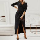 Zilia - Modischer V Ausschnitt schlanke Passform Split Kleid mit langen Ärmeln