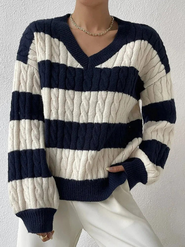 Pauline - Lässiger Langärmelig V Ausschnitt Gestreift Strickpullover