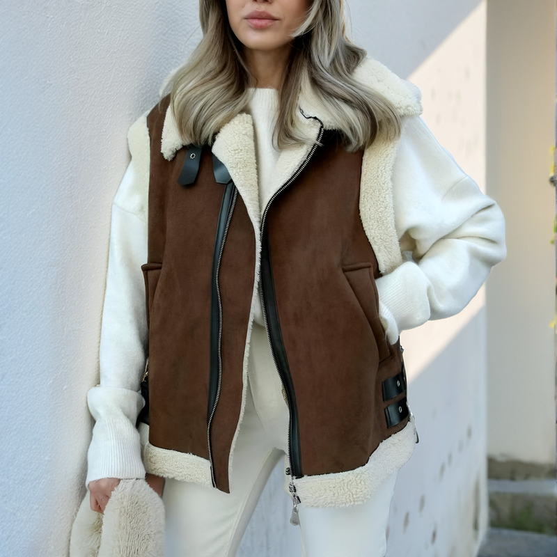 Clara - Bequeme Ärmellos Vlies Wildleder Jacke Mit Reißverschluß