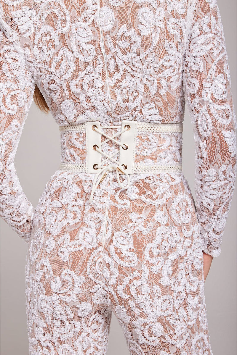 Doreen – Modischer Langarm Jumpsuit mit Rundhalsausschnitt und hohem Taillengürtel