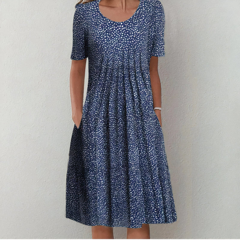 Sophia – Elegantes bedrucktes Kurzarmkleid mit Rundhalsausschnitt und Taschen