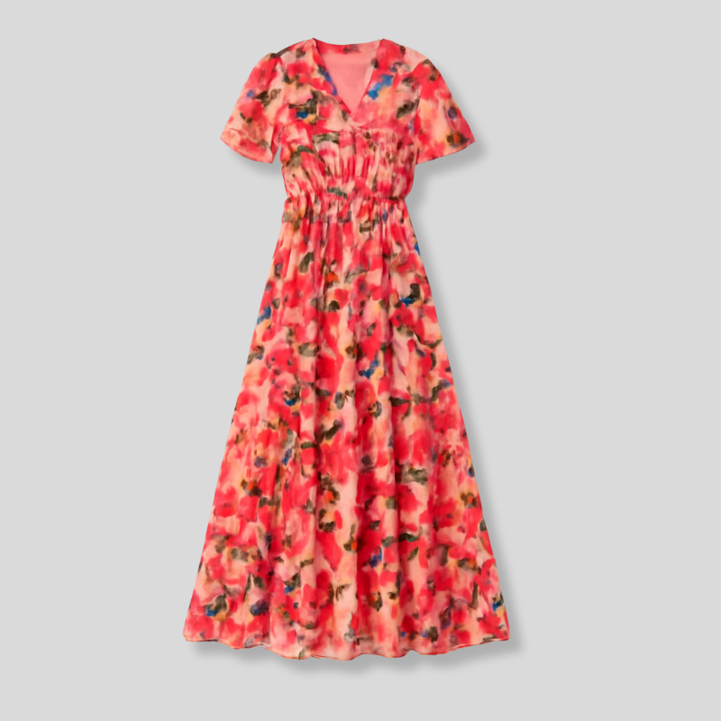 Elke – Stilvolles Kleid mit Blumendruck und V-Ausschnitt und ausgestellten Ärmeln