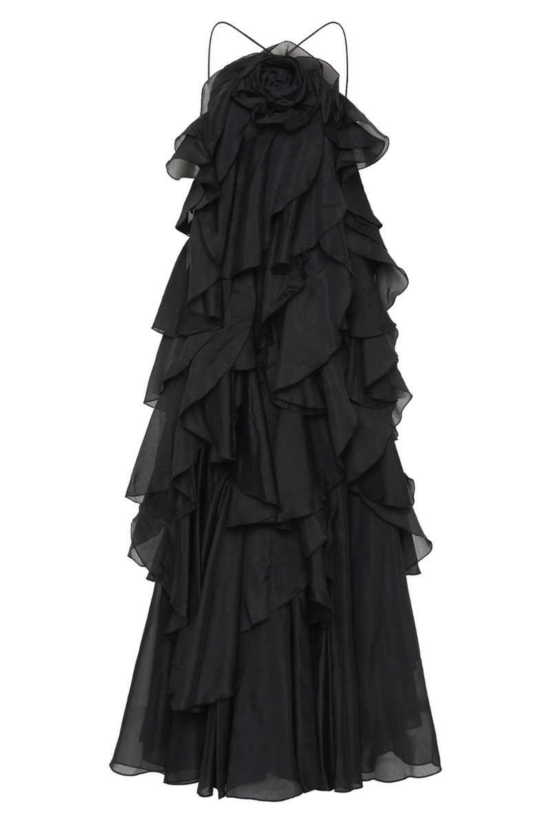 Rhea - Lässiges trägerloses Maxikleid mit kaskadenartig angeordneten Rüschen