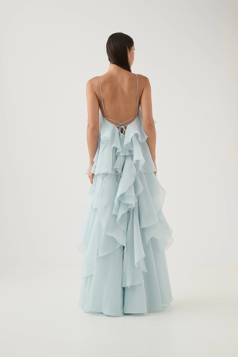 Rhea - Lässiges trägerloses Maxikleid mit kaskadenartig angeordneten Rüschen