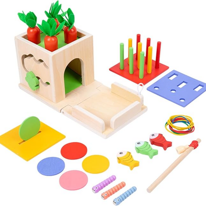 GrowPlay – Montessori Spielzeugset mit Karottenzieh Münzbox und Ballwurfset