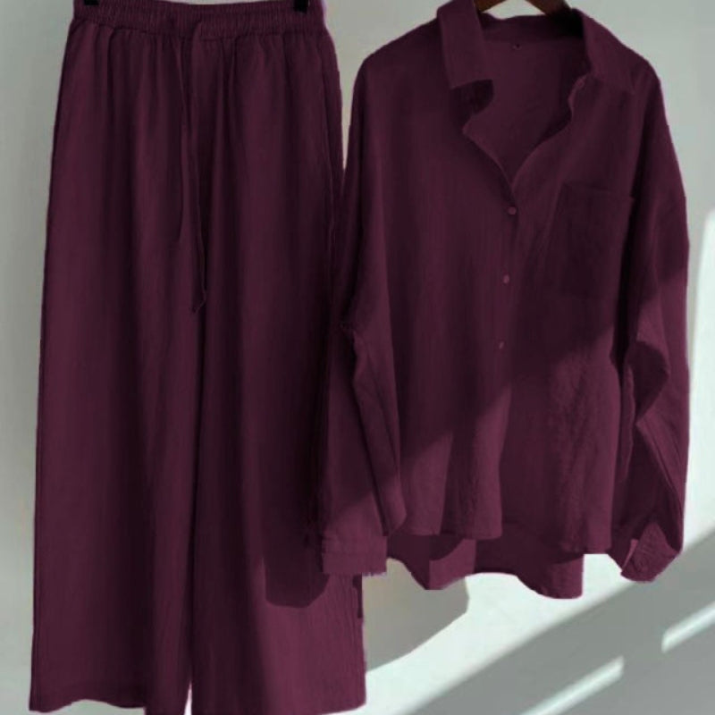 Melina – Zweiteiliges Satz mit Langarm Knopfleiste Hemd und Hose mit weitem Bein