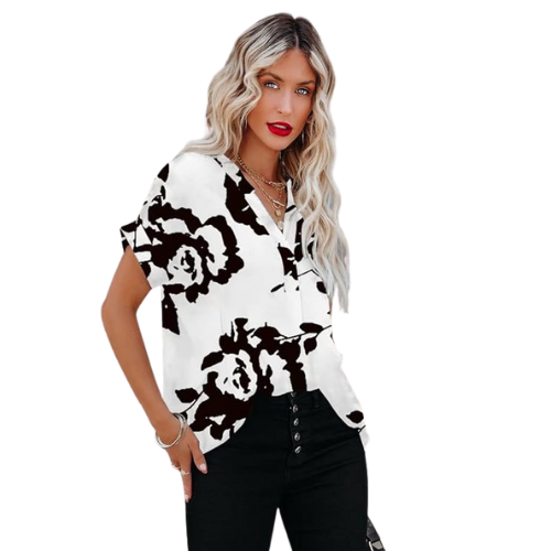 Elena – Lässige V-Ausschnitt Bluse mit kurzen Ärmeln und auffälligem Design