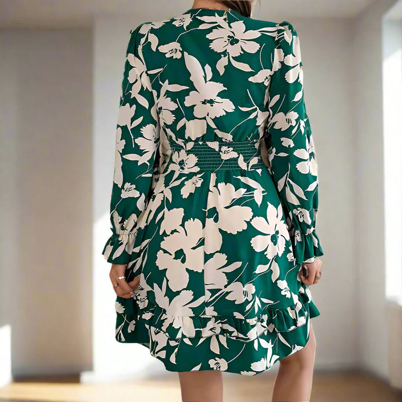 Marlene – Modisches Blumen Minikleid mit V Ausschnitt und langen Ärmeln