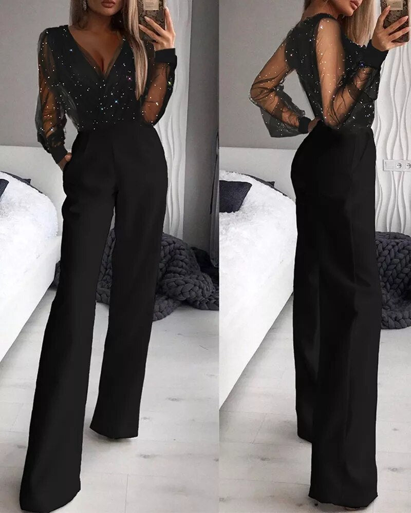 Talia - Bequemes Paillettenkleid mit tiefem V Ausschnitt und Jumpsuit mit geradem Bein