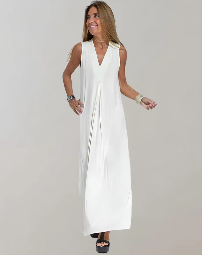 Birgit – Elegantes ärmelloses langes Kleid mit V Ausschnitt für mühelosen Stil und Komfort