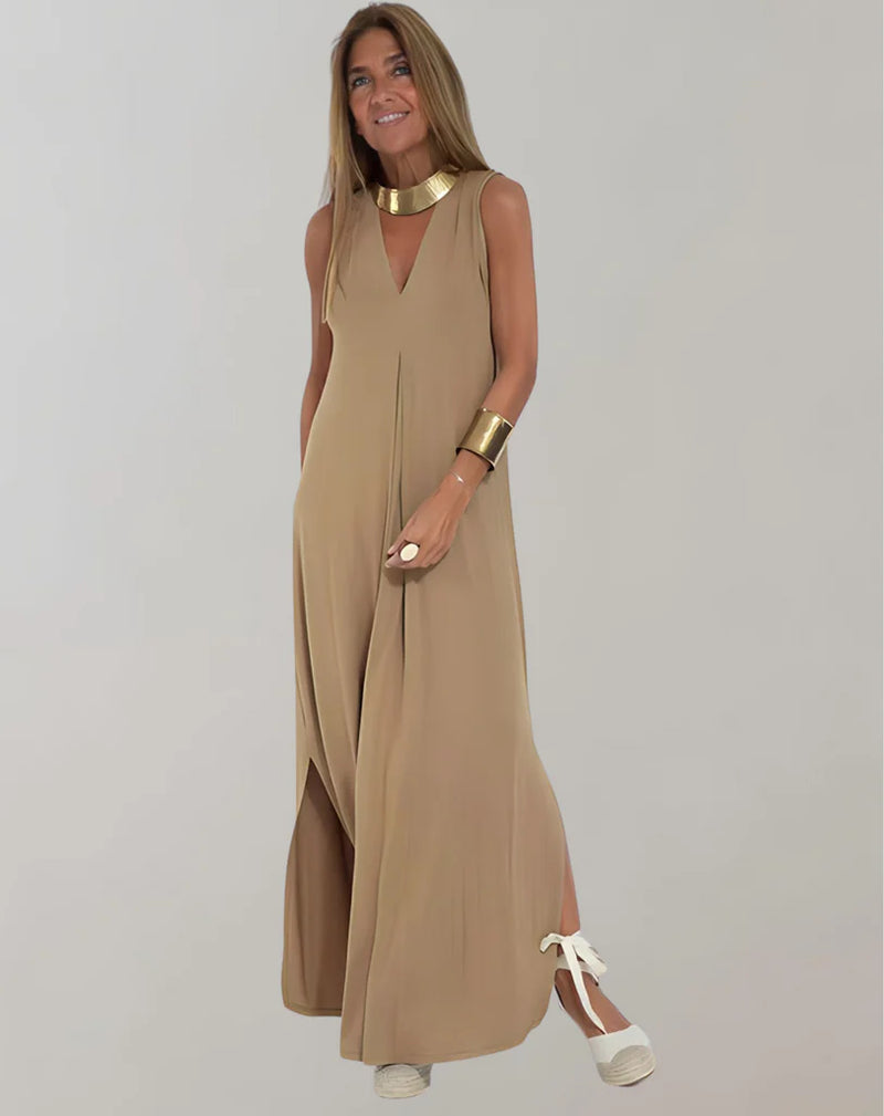 Birgit – Elegantes ärmelloses langes Kleid mit V Ausschnitt für mühelosen Stil und Komfort