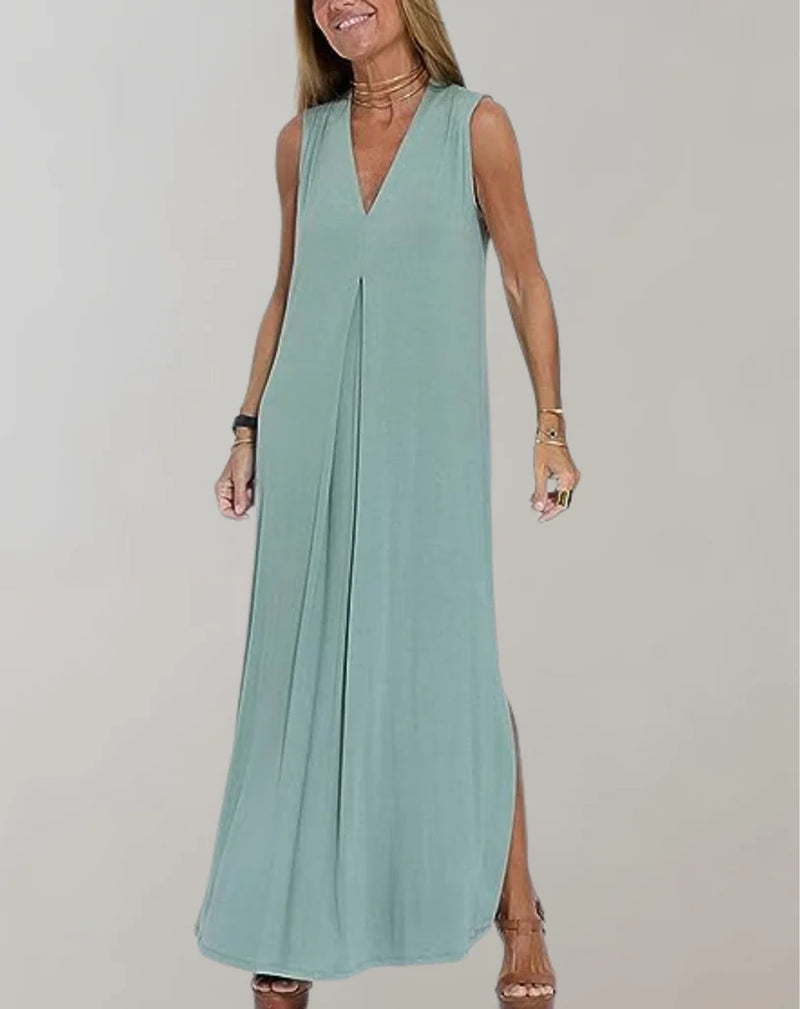 Birgit – Elegantes ärmelloses langes Kleid mit V Ausschnitt für mühelosen Stil und Komfort